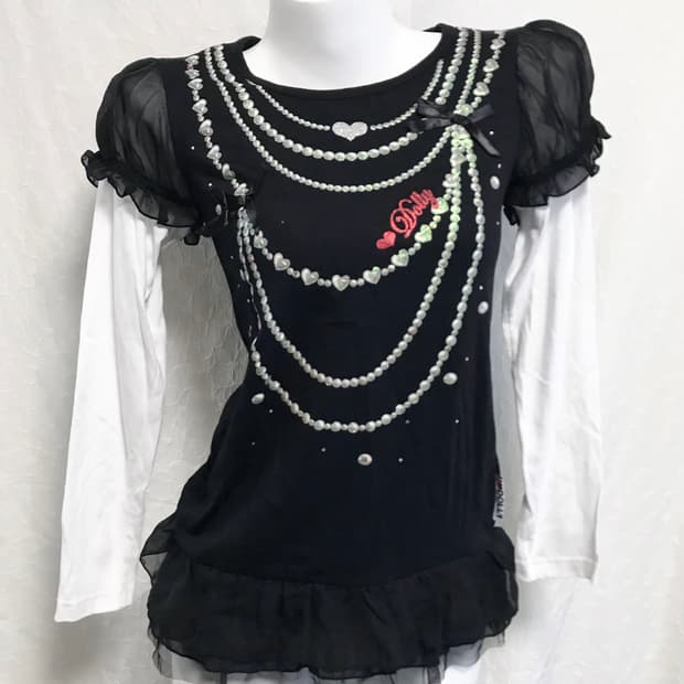 빈티지 갸루 레이어드 프릴 퍼프 롱슬리브 탑