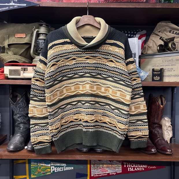 빈티지 에스닉 엠보싱 쿠지패턴 숄카라 스웨터 N157