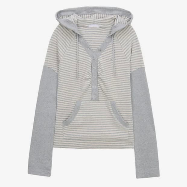 허그유어스킨 스트라이프 스냅 버튼 후드티 그레이