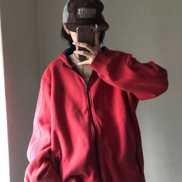 폴로 레드 오버핏 후드집업