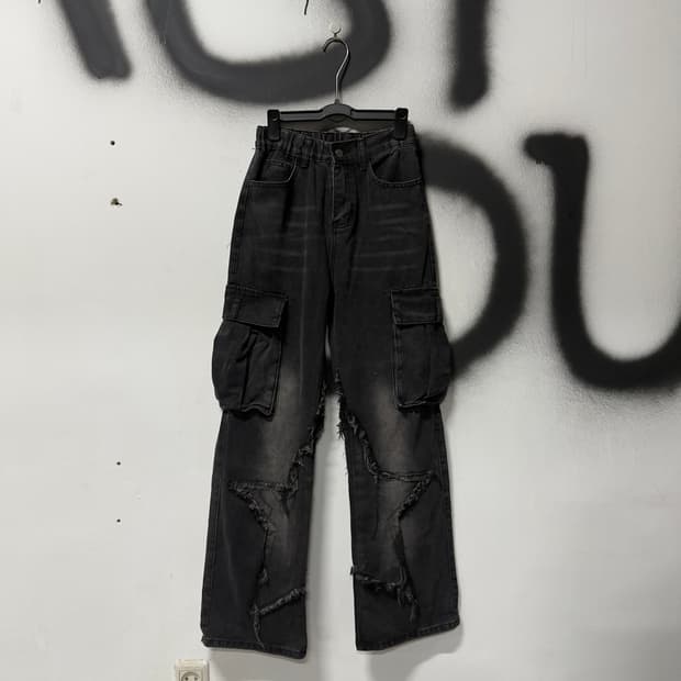 VTG 빈티지 흑청 그런지 스타 패치 와이드 카고 데님 팬츠