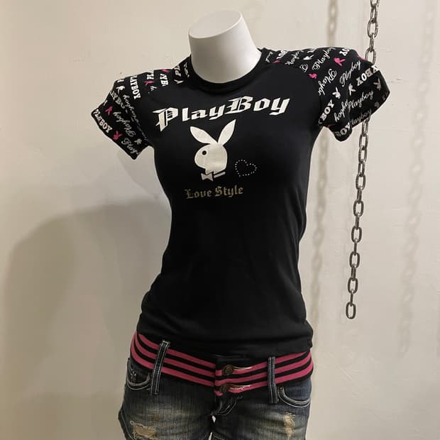 play boy 플레이보이 프린팅 큐빅 블랙 티셔츠 갸루 키치