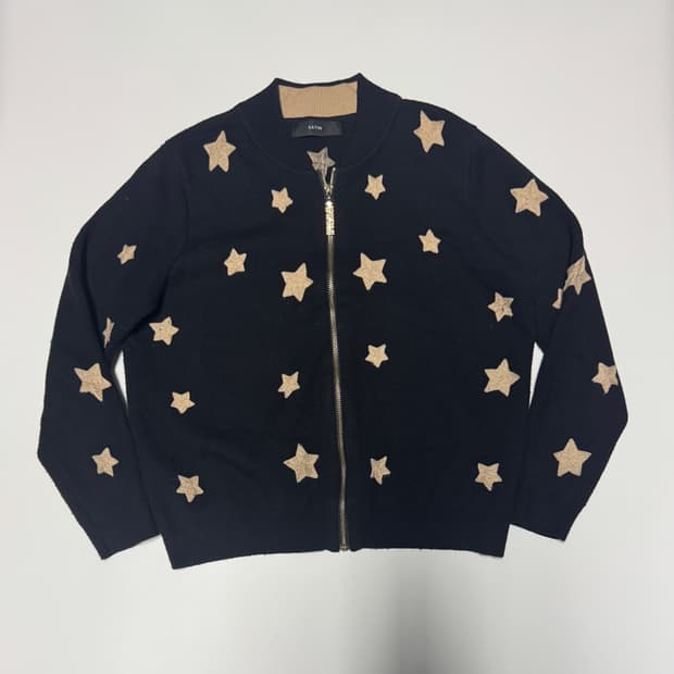 여성 샤틴 Satin 스타 패턴 울 니트 집업 블랙 S