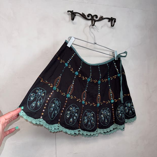 Blue brown ethnic embroidered cotton sk