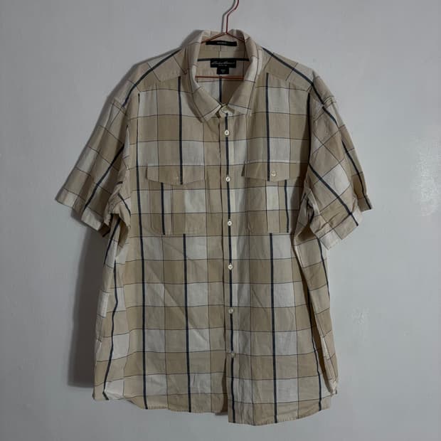 Eddie Bauer 베이지 반팔 체크 셔츠(2XL)