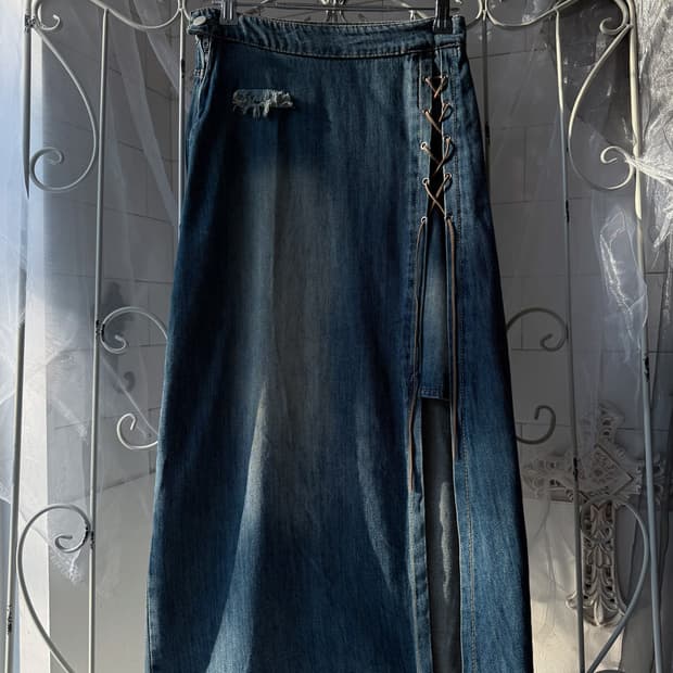  Lace-Up Unbalanced Denim Skirt 0339