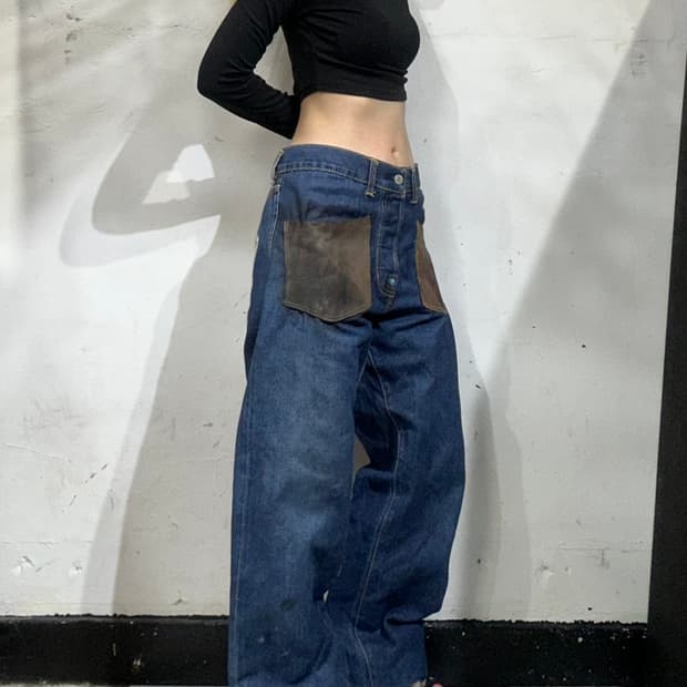 일본 에비수 진청 전후면 주머니 디테일 와이드 데님 청바지 