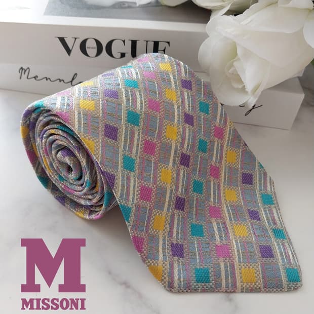 미쏘니 실크 멀티컬러 체크 패턴 넥타이 9.5cm A등급 K1113
