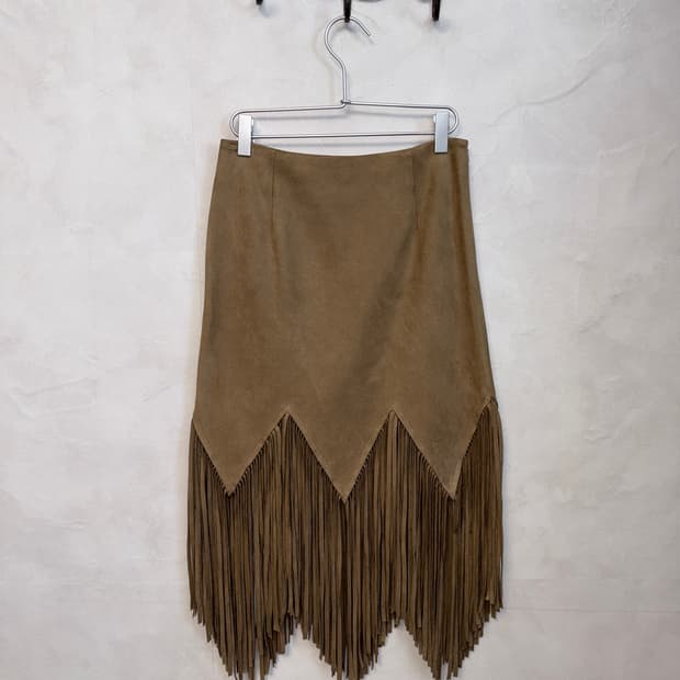 Beige western suede fringe unbalanced sk