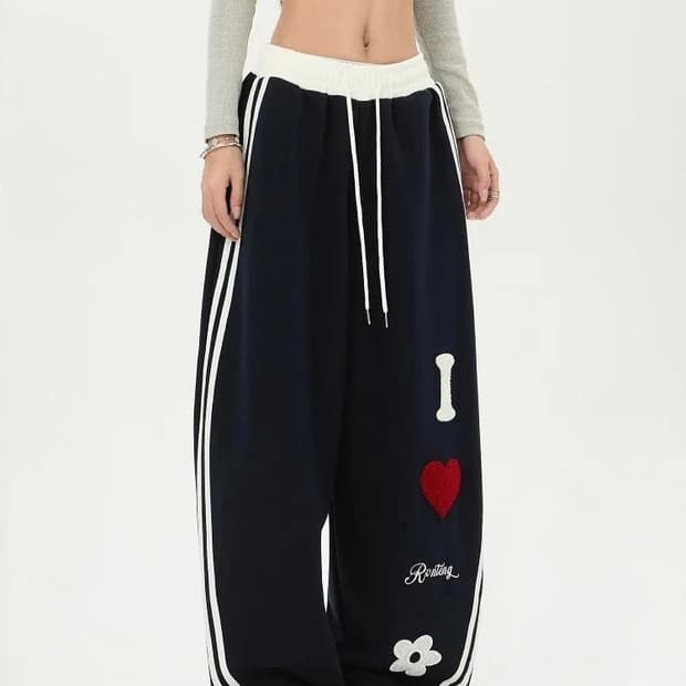 네이비 옆줄 와이드 트레이닝 팬츠