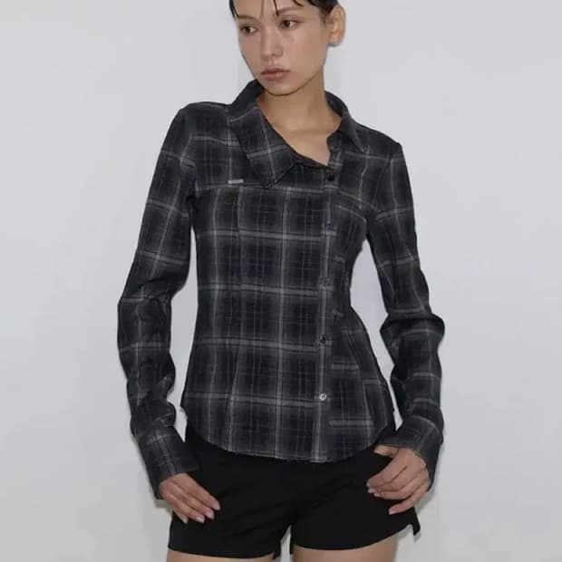 (새상품) 이네기 오프셋 버튼 체크 셔츠