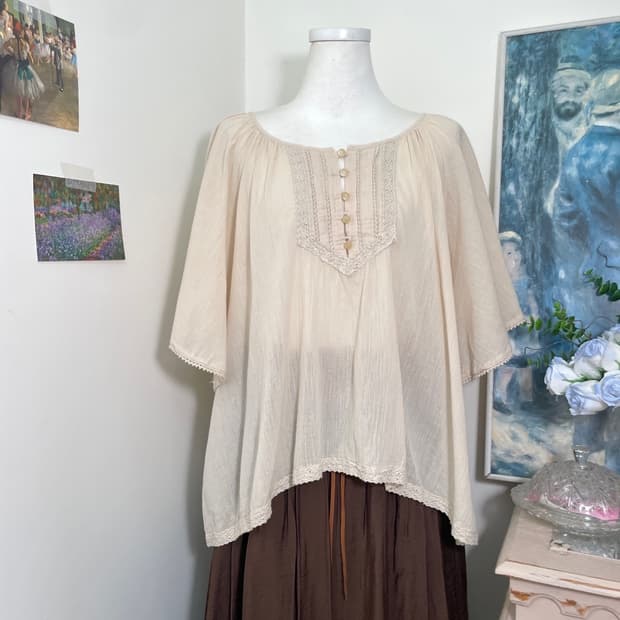 beige cotton lace trim cape blouse