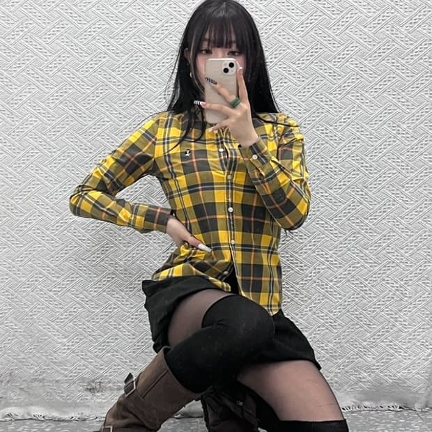 티니위니 컨트리 빈티지 슬림 머스타드 플란넬체크 셔츠 85 C10703