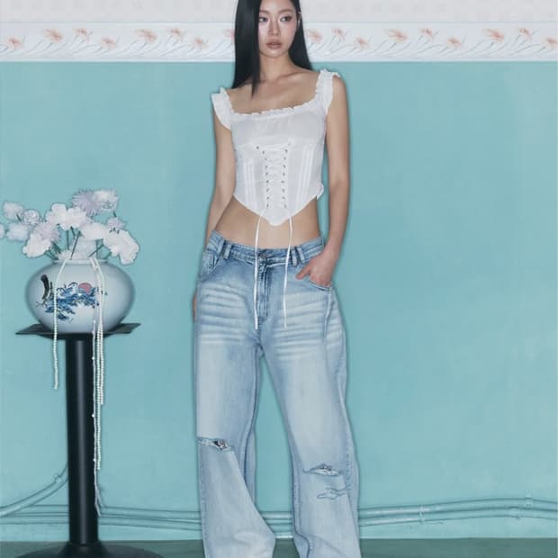 플리즈노팔로우 25damaged washing wide denim ice