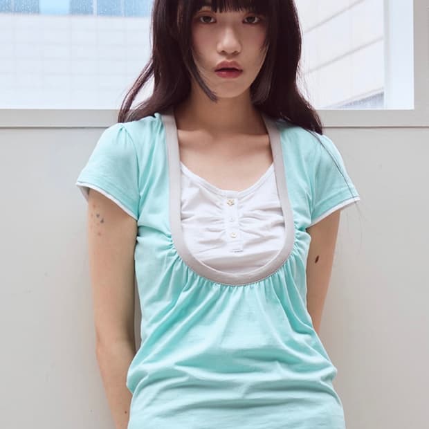 오피쉬 Shirring U neck T-shirts, Mint