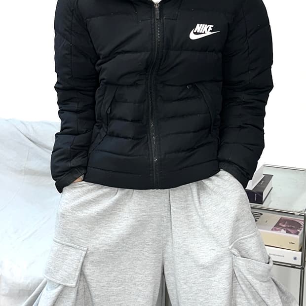 나이키 블랙 후드 경량 패딩 L