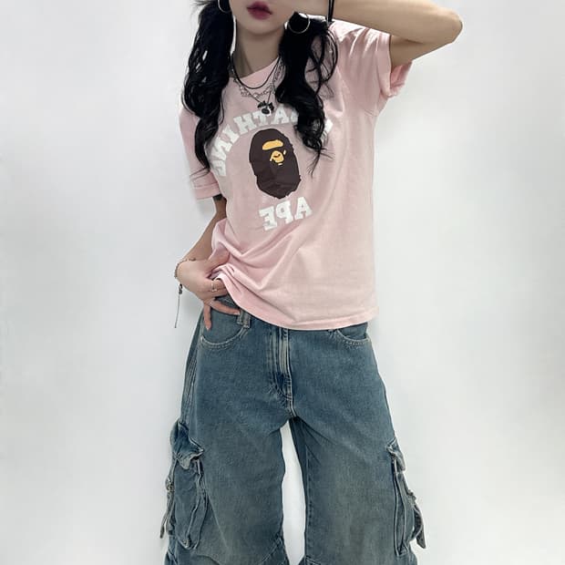 베이프 연핑크 컬리지 반팔티