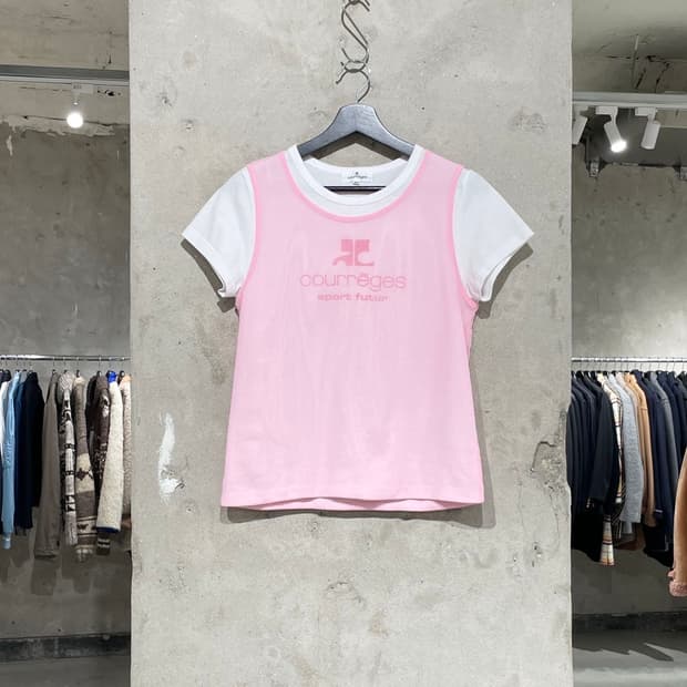 꾸레쥬 화이트 도킹 핑크 메쉬 베스트 하프티