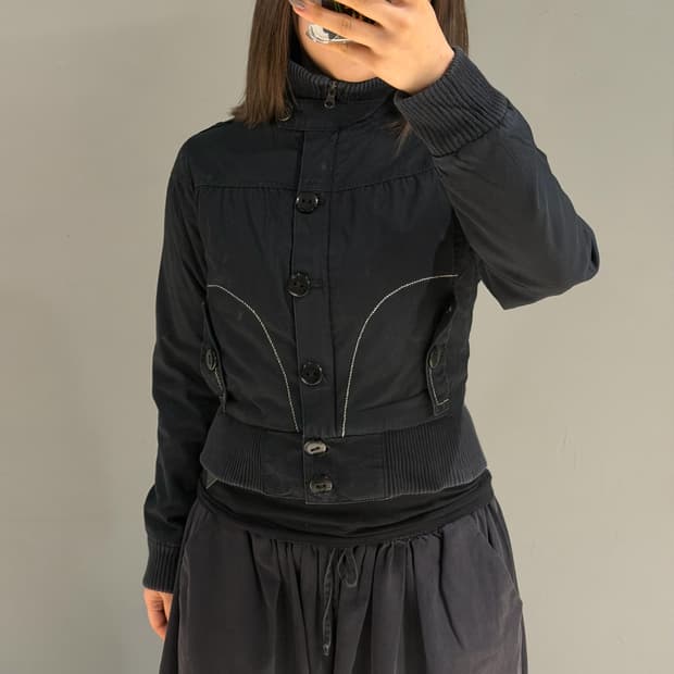 high-neck button-up crop jacket