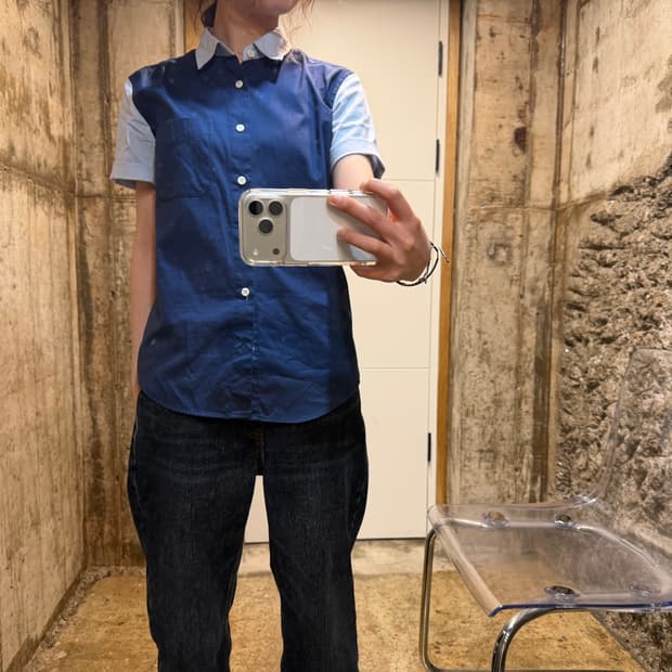 하레 반팔 셔츠 배색 슬리브 디테일 네이비 블루