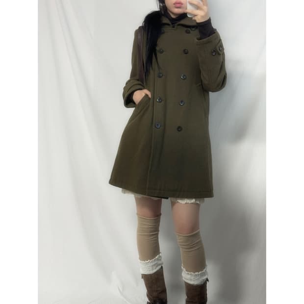 울 혼방 더블 버튼 후디드 코트