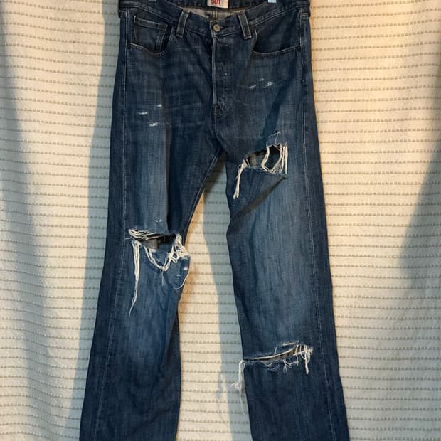 리바이스 501 중청 데님 데미지진 찢청 33x32