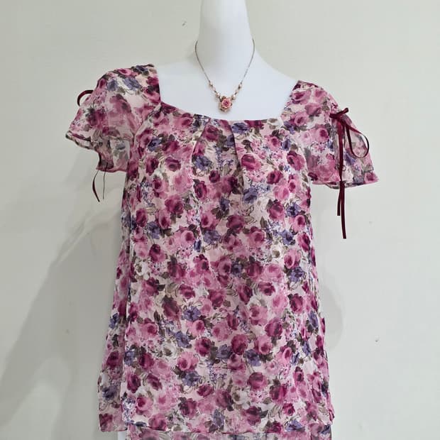 일본빈티지)핑크로즈 리본 백예린깔 쉬폰 로맨히메갸루모리걸 블라우스