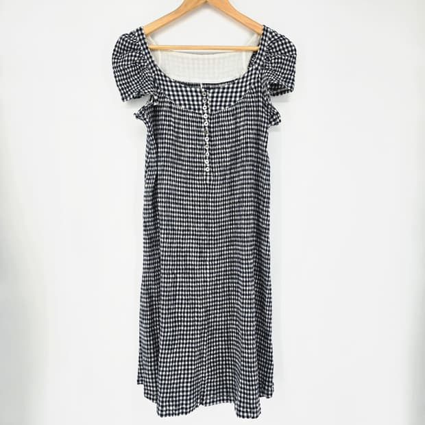 일본 빈티지 깅엄체크 퍼프 롱 원피스