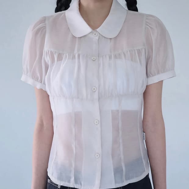 미레코 셔링 쉬어 블라우스 로즈 베이지