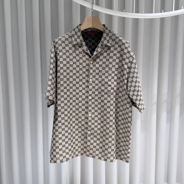 (S/48) / 구찌 GG 모노그램 카라 반팔 셔츠 베이지