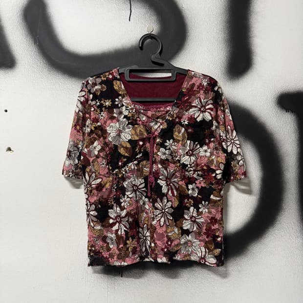 VTG 빈티지 재패니즈 모리 플라워 풀 패턴 레이스 반팔 블라우스