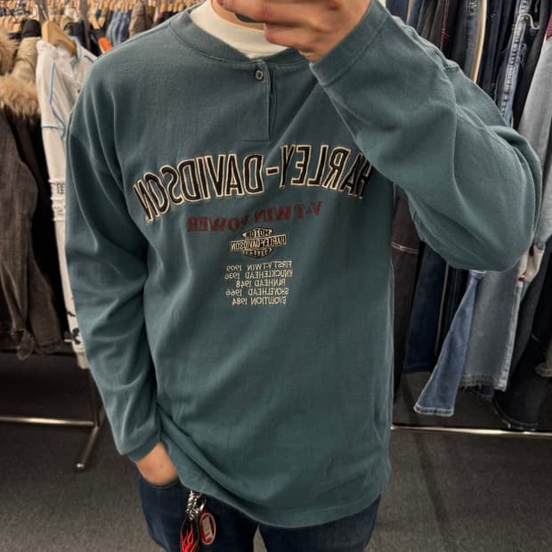 L)할리데이비슨 빈티지 V-TWIN POWER 자수 헨리넥 롱슬리브