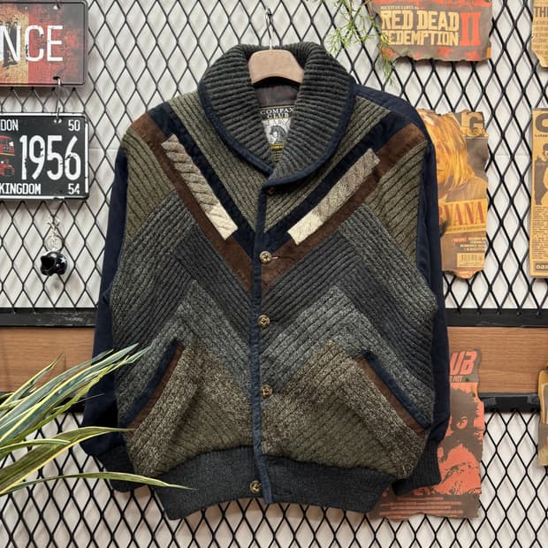 JPN VINTAGE 가디건 자켓 셔닐 패치워크 배색 네이비