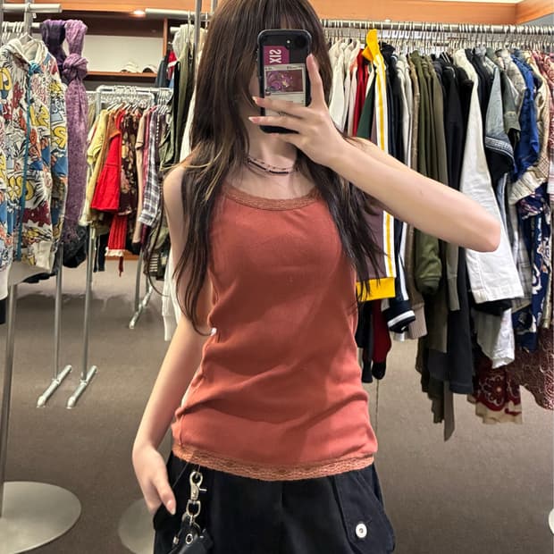 S) Japanese vintage 여성 레이스 디테일 나시