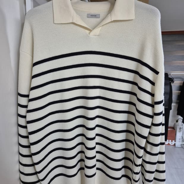 시스템옴므 오픈카라 울 스트라이프 니트 105 아이보리