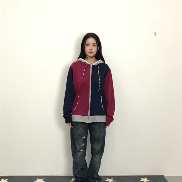 Semantic Design Color Block Hoodie Zip