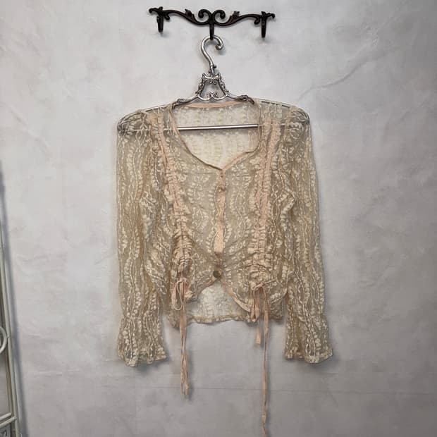 Pink beige ethnic lace shirring blouse