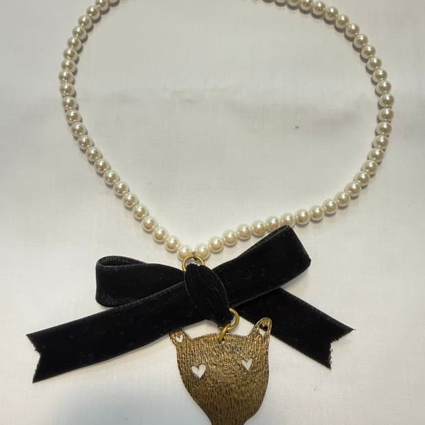 츠모리치사토 진주 벨벳 리본 목걸이