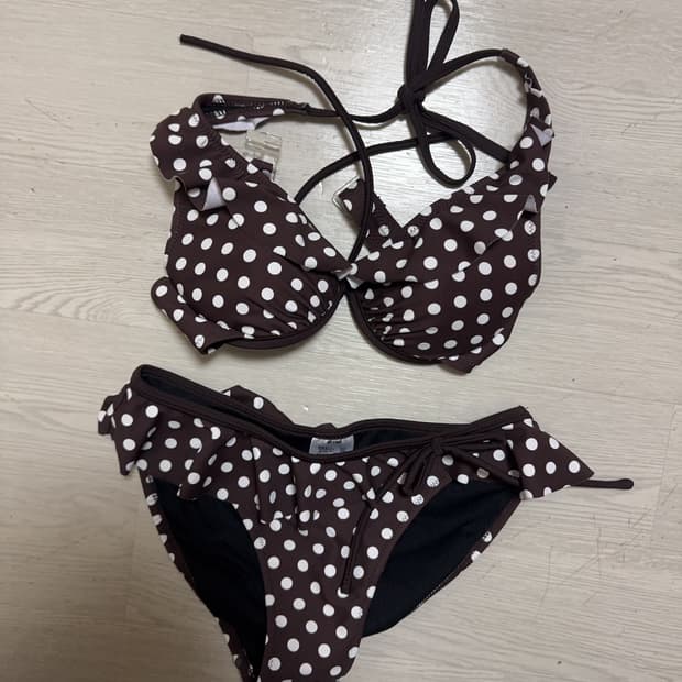 라떼갸루 리즈리사 st 일본 빈티지 브라운 도트 자수 원피스 비키니