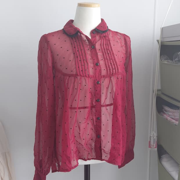 [일본빈티지] 하트 도트 시스루 블라우스 와인