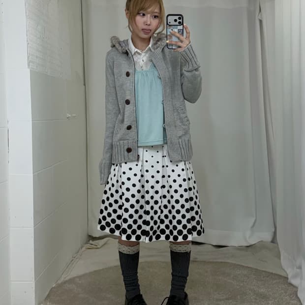 민트 모리걸 하구미 도트 가디건 코디세트