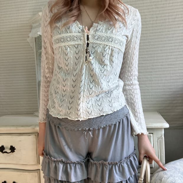 일본빈티지 크로셰 아이보리 레이스 니트 가디건