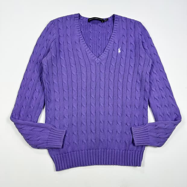폴로 랄프로렌 여성 브이넥 케이블 니트 퍼플 여성M