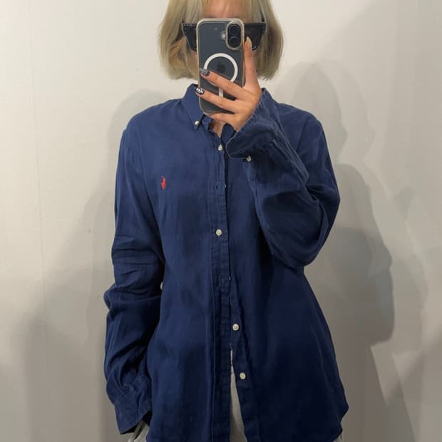 M 폴로 랄프 로렌 클래식 핏 리넨 셔츠 네이비