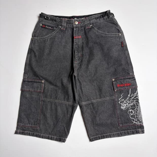 Cross Hither 드래곤 자수 데님 카고 반바지 R1109