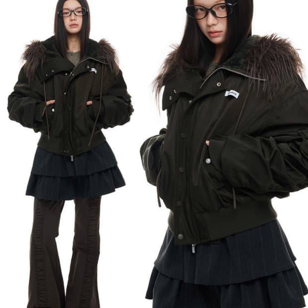 JIKOO 자켓 파일럿 퍼 칼라 다운 자켓 카키 