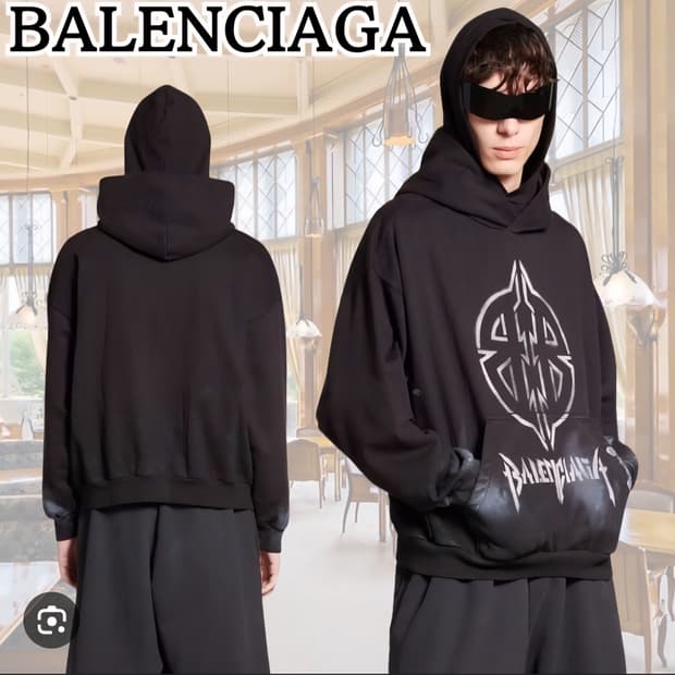 발렌시아가 메탈리카 로고 페인트 후드 티셔츠 3B 블랙 화이트