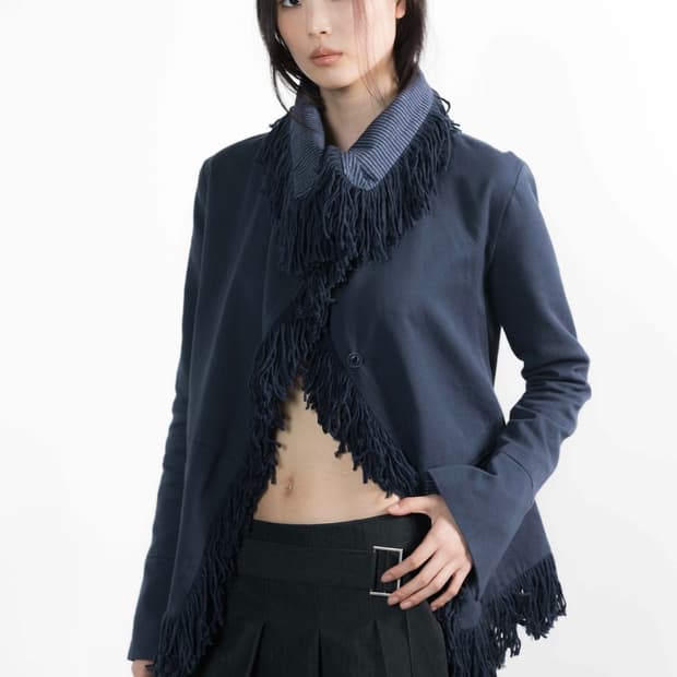 웻태그 HIGH NECK FRINGE COTTON JACKET NAVY