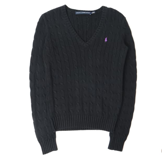 폴로 랄프로렌 블랙 브이넥 케이블 니트
