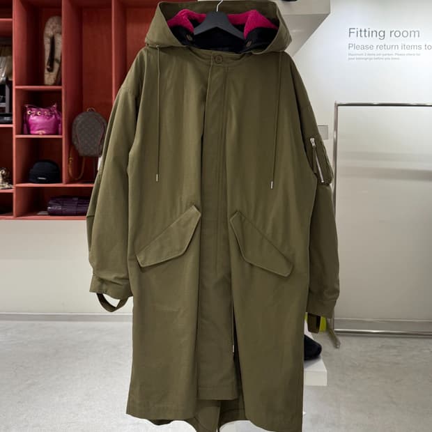 헬무트 랭 올리브 18aw 립스탑 워드 시어링 후드 피쉬테일 파카